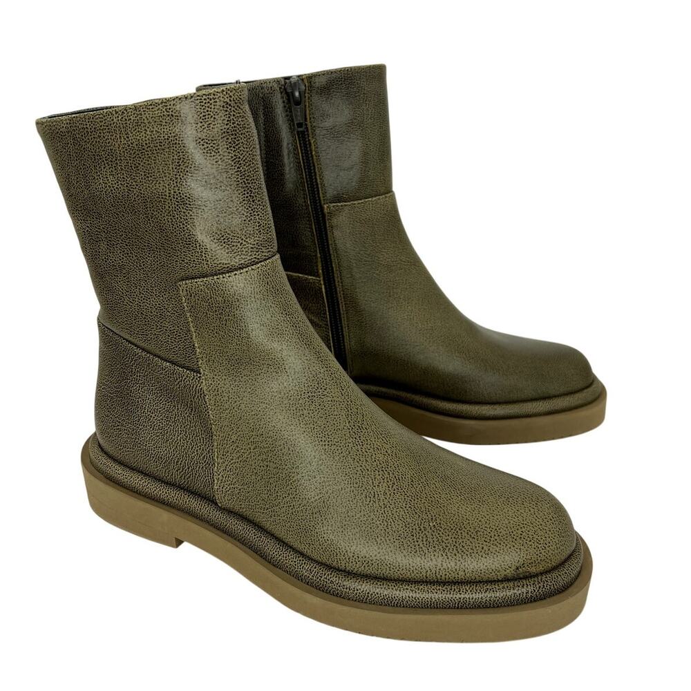 Paloma Barcelo Earla Khaki Leather Ankle Boots Low Platform Combat Zip 37 NEW